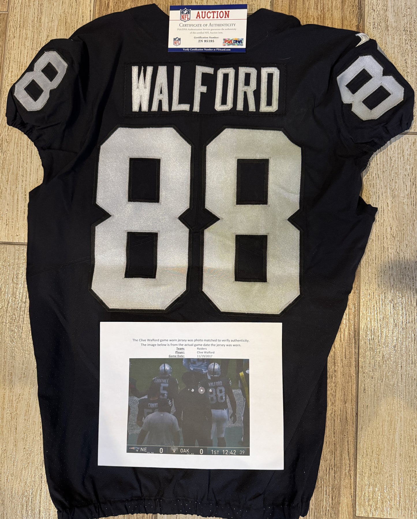 Clyde Walford GAME WORN🦾11/19/17 PHOTO MATCHED📸Las Vegas Raiders🏴NFL Jersey vs. New England Patriots