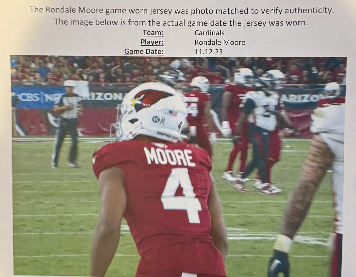 Rondale Moore GAME WORN💪11/12/23 PHOTO MATCHED Arizona Cardinals NFL Jersey👕vs. Atlanta Falcons