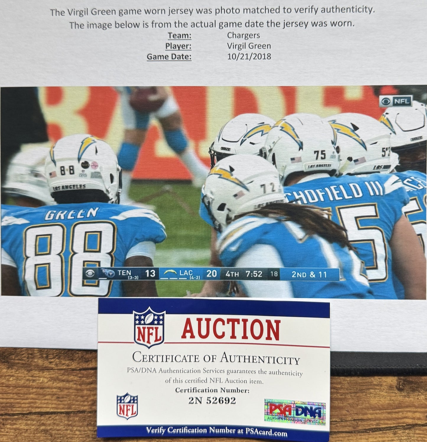 Virgil Green GAME-WORN💪10/21/18 PHOTO MATCHED📸Los Angeles Chargers NFL Jersey🎽vs. Titans London Game inc. PSA COA