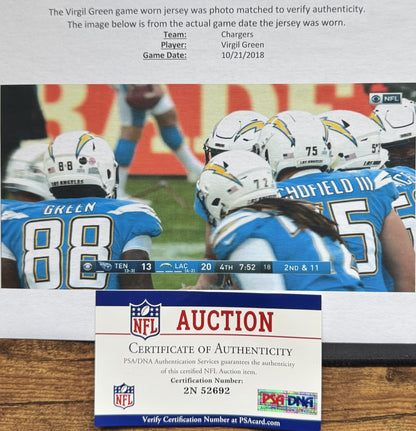 Virgil Green GAME-WORN💪10/21/18 PHOTO MATCHED📸Los Angeles Chargers NFL Jersey🎽vs. Titans London Game inc. PSA COA