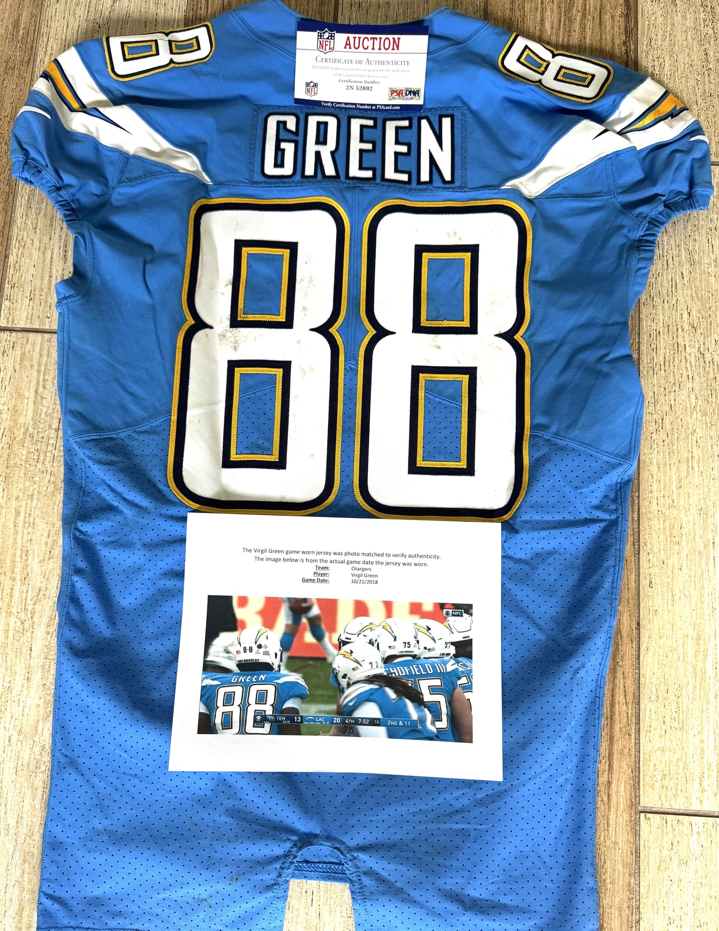 Virgil Green GAME-WORN💪10/21/18 PHOTO MATCHED📸Los Angeles Chargers NFL Jersey🎽vs. Titans London Game inc. PSA COA