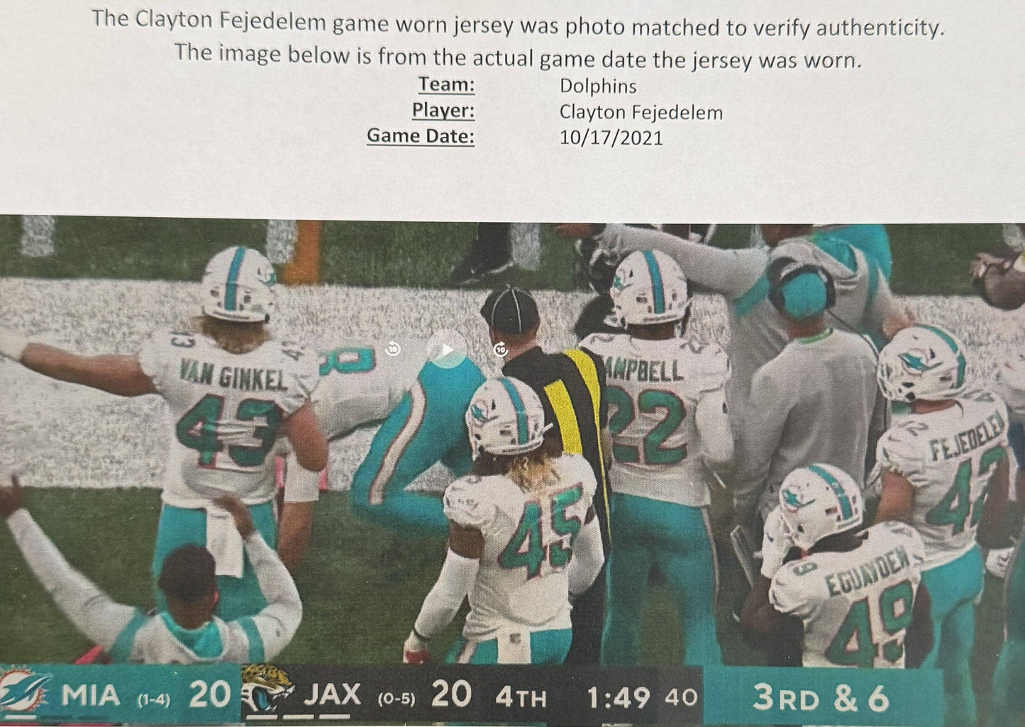 Clayton Fejedelem GAME WORN 10/17/21 PHOTO MATCHED 📸 Dolphins 🐬 NFL Nike Jersey includes PSA Authenticity