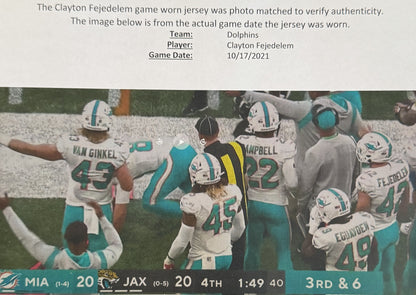 Clayton Fejedelem GAME WORN 10/17/21 PHOTO MATCHED 📸 Dolphins 🐬 NFL Nike Jersey includes PSA Authenticity