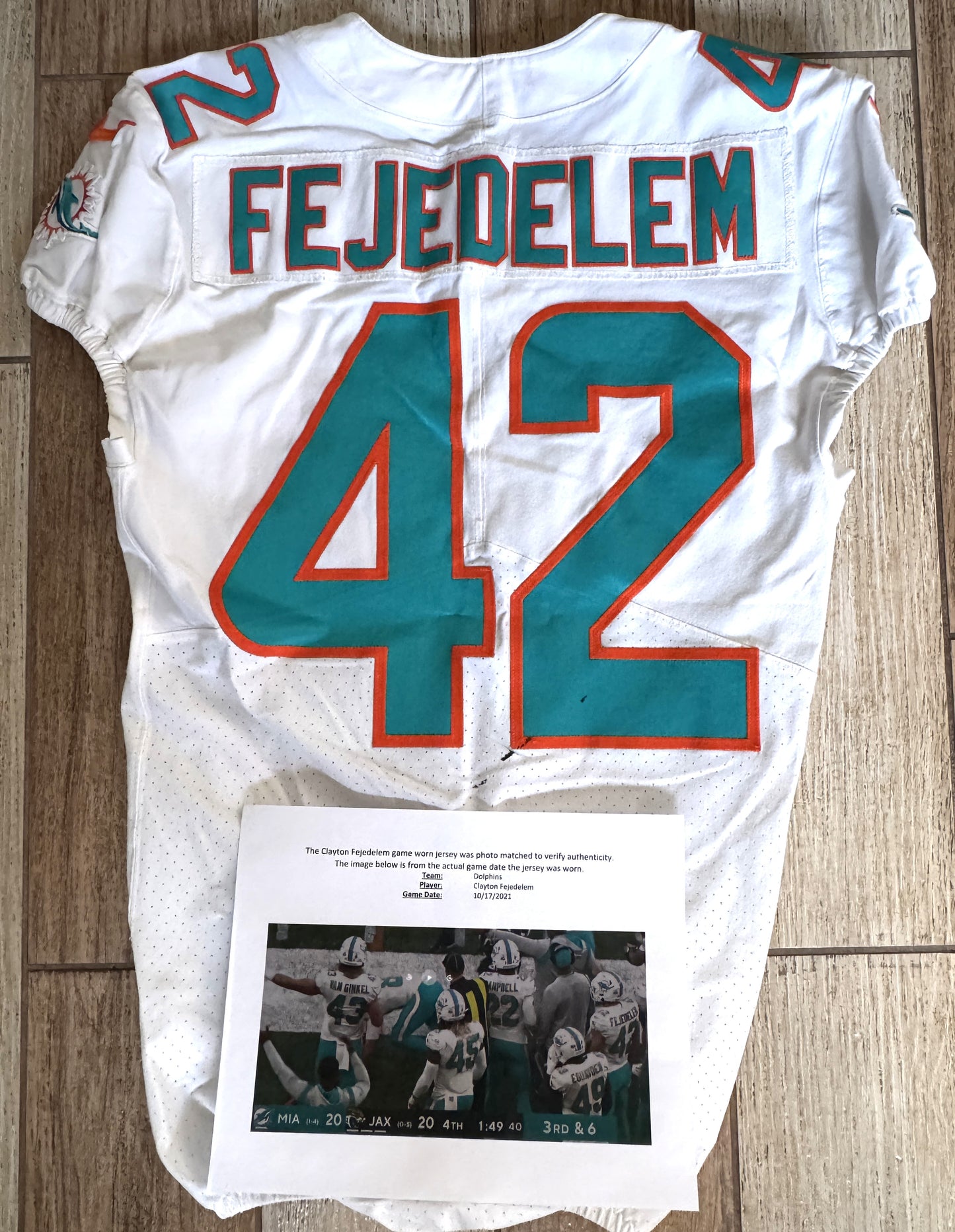 Clayton Fejedelem GAME WORN 10/17/21 PHOTO MATCHED 📸 Dolphins 🐬 NFL Nike Jersey includes PSA Authenticity