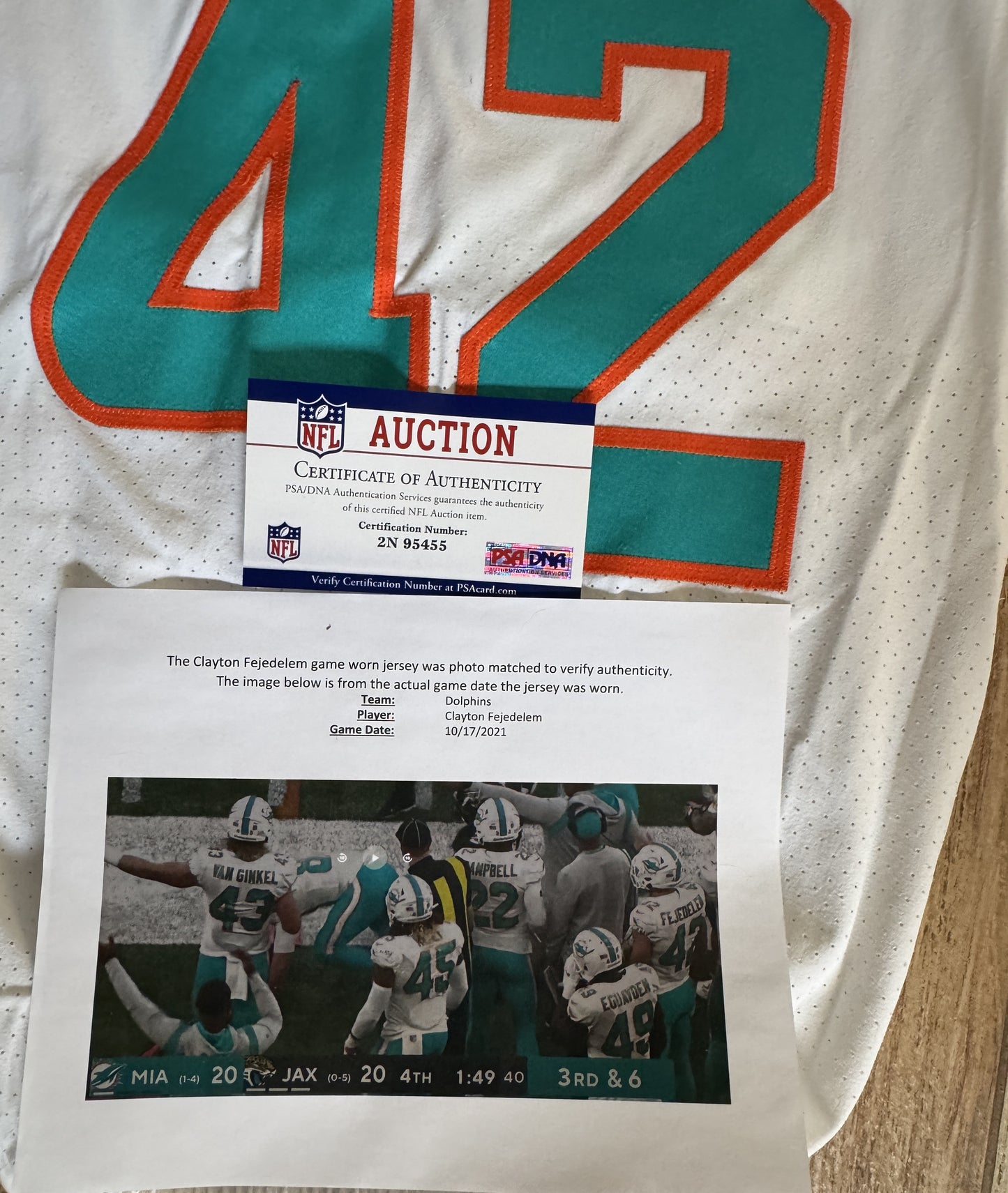 Clayton Fejedelem GAME WORN 10/17/21 PHOTO MATCHED 📸 Dolphins 🐬 NFL Nike Jersey includes PSA Authenticity