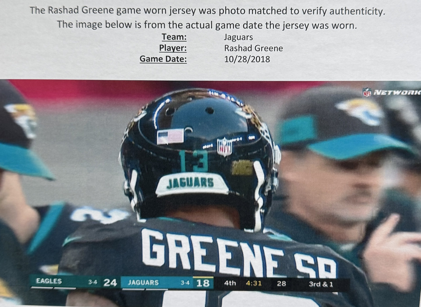Rashad Greene GAME WORN 💪 10/28/18 PHOTO MATCHED 📸 Jacksonville Jaguars 🐆 NFL Jersey 👕 vs. Philadelphia Eagles in London