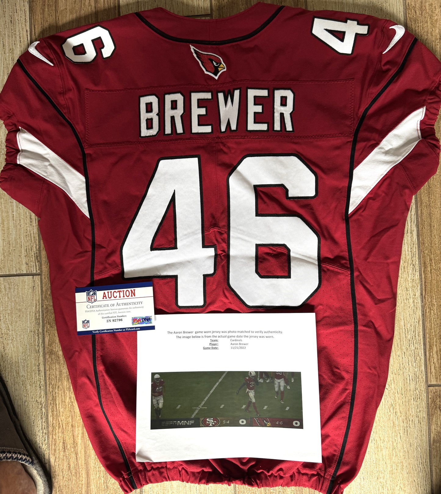 Aaron Brewer GAME USED 11/21/22 PHOTO MATCHED Cardinals Jersey NFL Intl Series in Mexico City vs. San Francisco 49ers