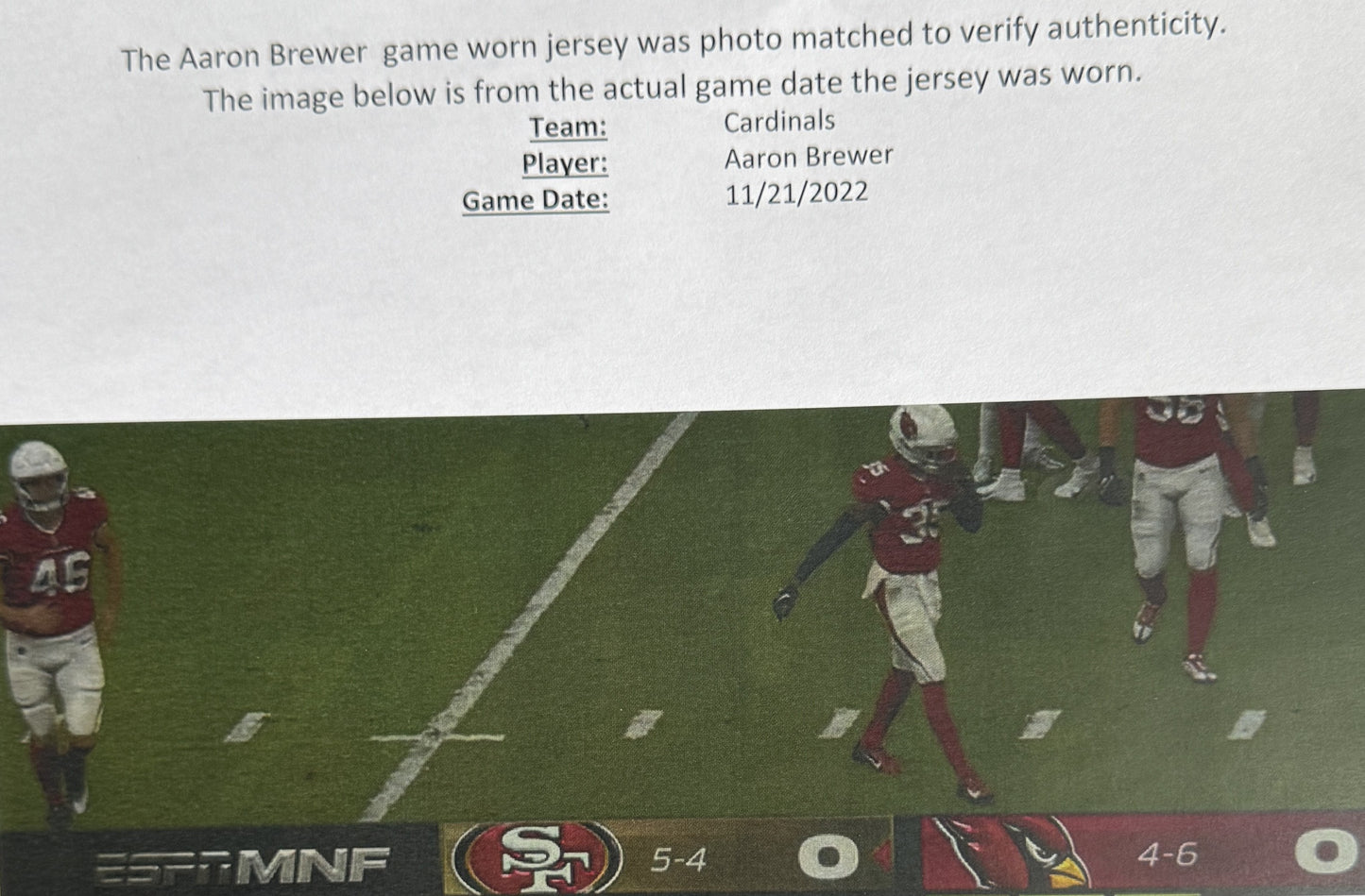 Aaron Brewer GAME USED 11/21/22 PHOTO MATCHED Cardinals Jersey NFL Intl Series in Mexico City vs. San Francisco 49ers