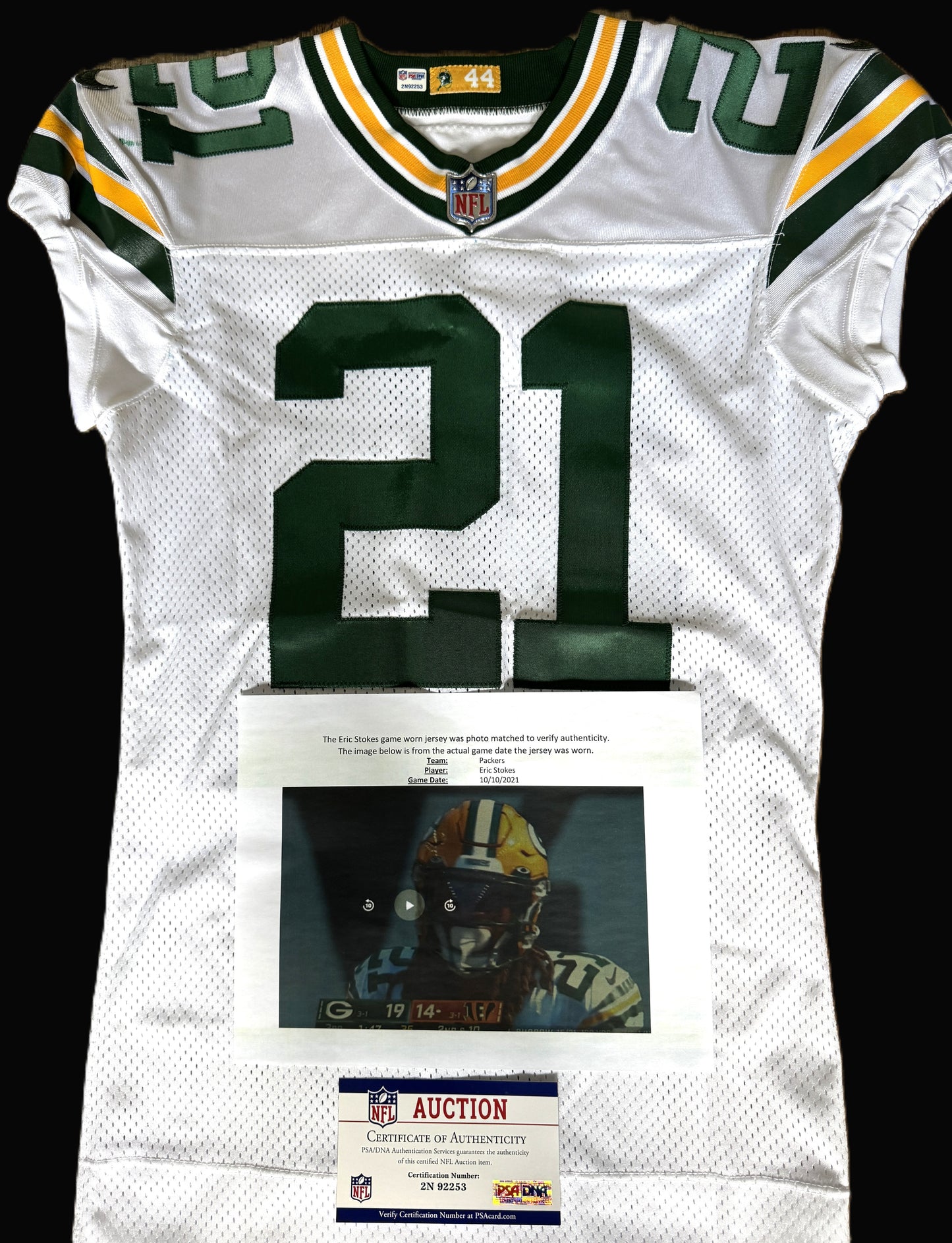 Eric Stokes GAME WORN 💪 10/10/21 PHOTO MATCHED 📸 Signed ✍️ Green Bay Packers Jersey👕 vs. Bengals Includes PSA Authenticity 🛡️