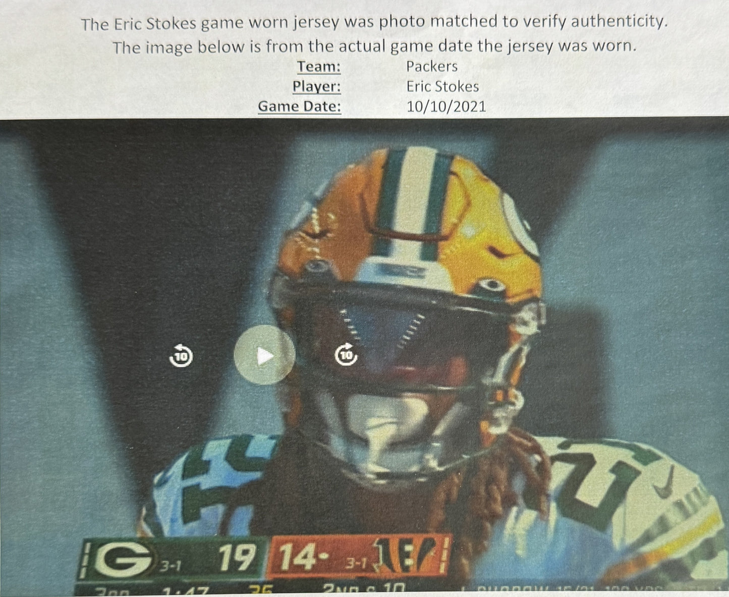 Eric Stokes GAME WORN 💪 10/10/21 PHOTO MATCHED 📸 Signed ✍️ Green Bay Packers Jersey👕 vs. Bengals Includes PSA Authenticity 🛡️