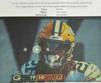 Eric Stokes GAME WORN 💪 10/10/21 PHOTO MATCHED 📸 Signed ✍️ Green Bay Packers Jersey👕 vs. Bengals Includes PSA Authenticity 🛡️