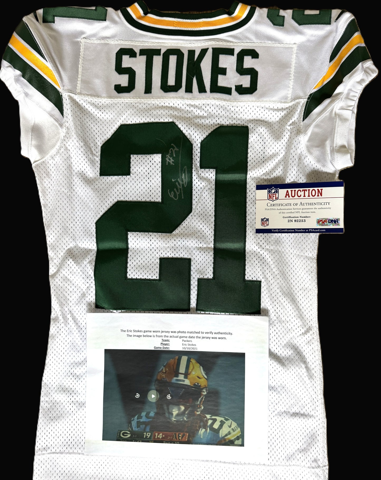 Eric Stokes GAME WORN 💪 10/10/21 PHOTO MATCHED 📸 Signed ✍️ Green Bay Packers Jersey👕 vs. Bengals Includes PSA Authenticity 🛡️