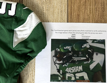 Terrell Basham GAME WORN 💪 12/27/20 PHOTO MATCHED 📸 New York Jets Nike NFL Jersey 👕vs. Cleveland Browns Also includes PSA Authenticity🛡️