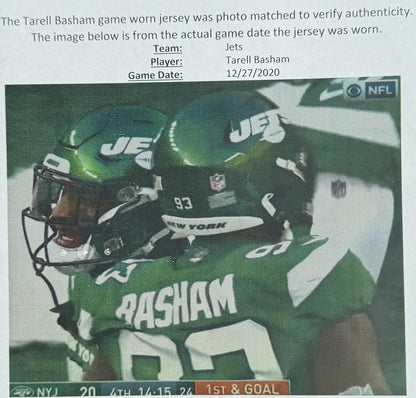 Terrell Basham GAME WORN 💪 12/27/20 PHOTO MATCHED 📸 New York Jets Nike NFL Jersey 👕vs. Cleveland Browns Also includes PSA Authenticity🛡️