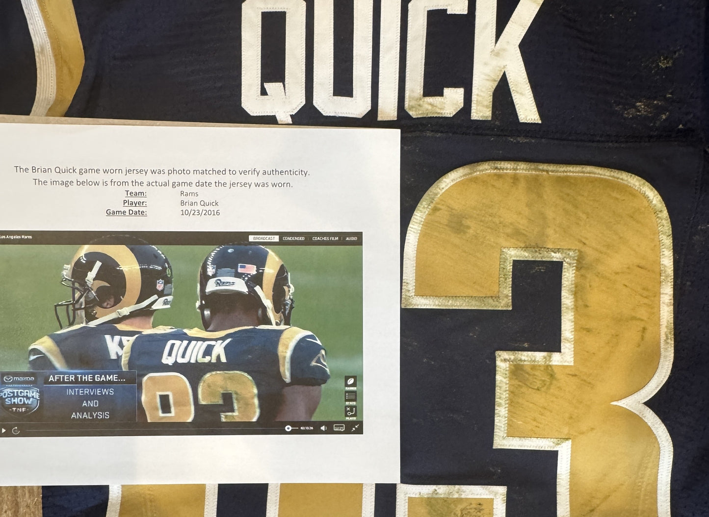 Brian Quick GAME-WORN💪10/23/16 PHOTO MATCHED📸Los Angeles Rams🐏NFL Jersey👕 vs. New York Giants