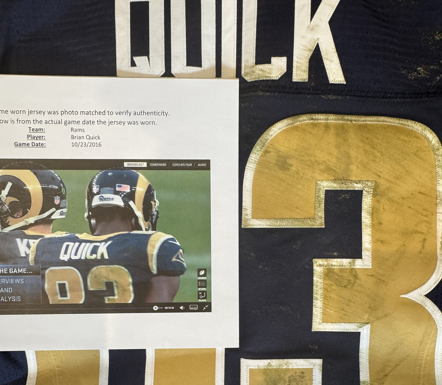 Brian Quick GAME-WORN💪10/23/16 PHOTO MATCHED📸Los Angeles Rams🐏NFL Jersey👕 vs. New York Giants