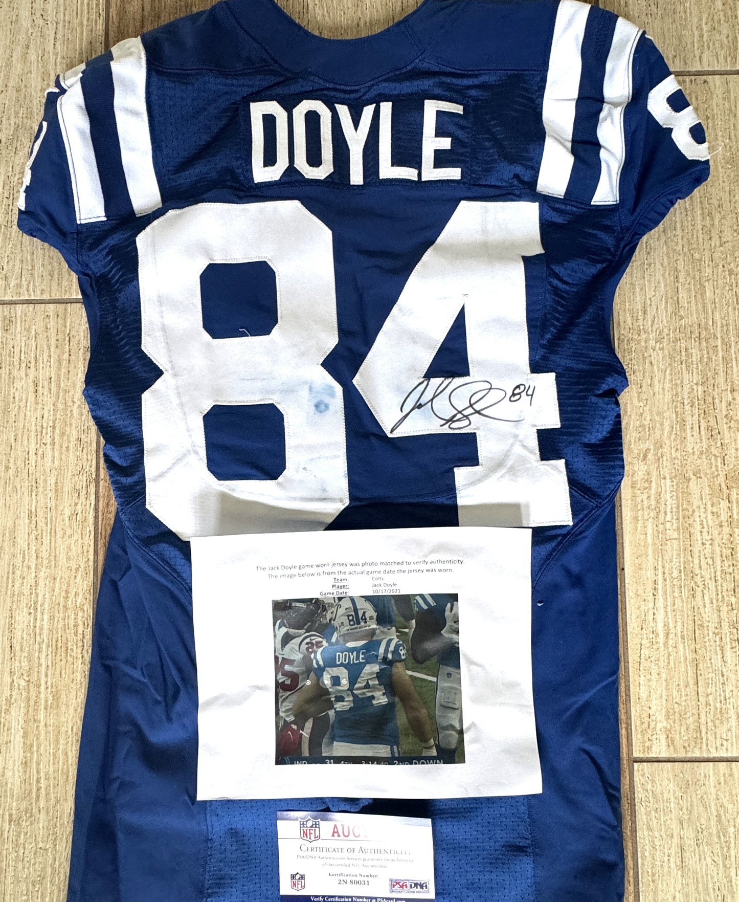 Jack Doyle Signed ✍️ GAME WORN 💪 10/17/21 PHOTO MATCHED 📸 Colts Nike NFL Jersey 👕 Rare💥 Includes PSA Authenticity 🛡️