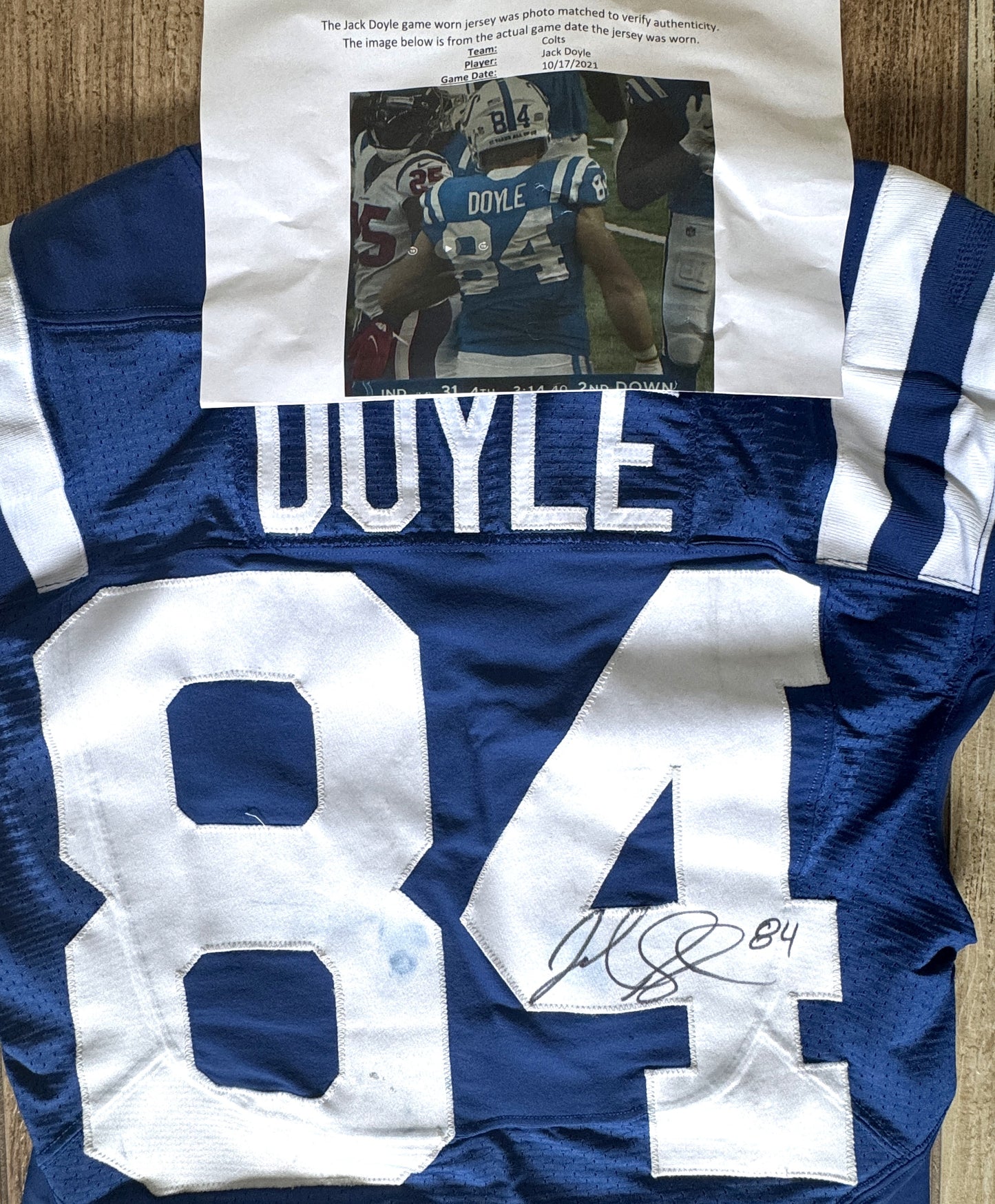 Jack Doyle Signed ✍️ GAME WORN 💪 10/17/21 PHOTO MATCHED 📸 Colts Nike NFL Jersey 👕 Rare💥 Includes PSA Authenticity 🛡️