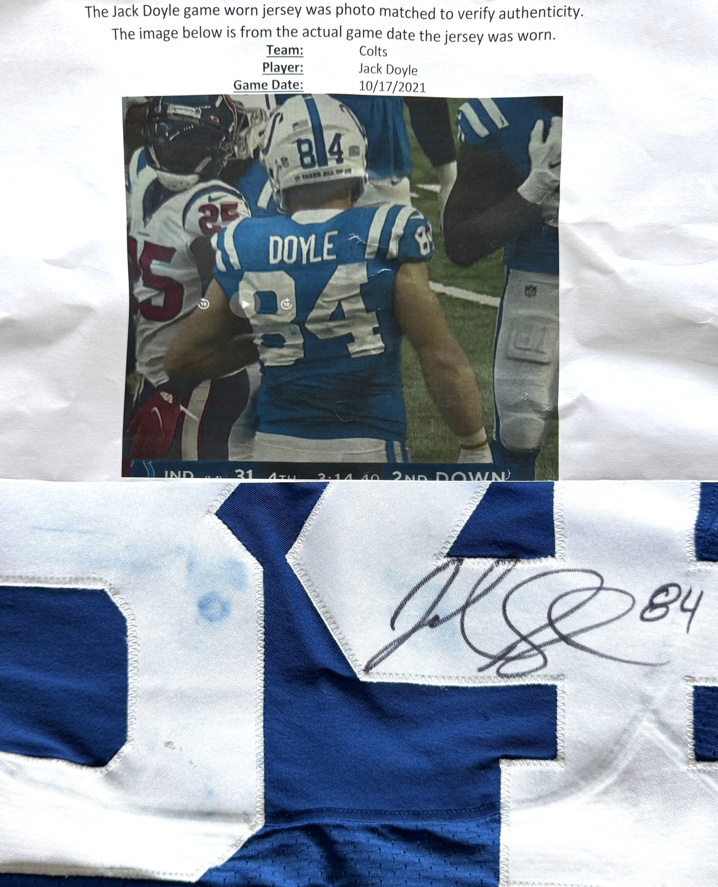 Jack Doyle Signed ✍️ GAME WORN 💪 10/17/21 PHOTO MATCHED 📸 Colts Nike NFL Jersey 👕 Rare💥 Includes PSA Authenticity 🛡️