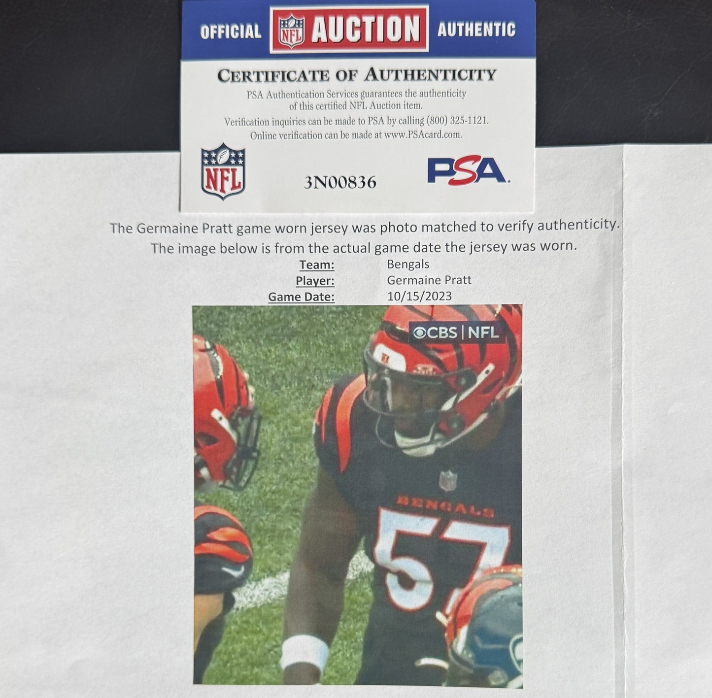 Germaine Pratt GAME-WORN💪10/15/2023 PHOTO MATCHED📸Cincinnati Bengals🐅NFL Jersey vs. Seahawks (Crucial Catch Game)