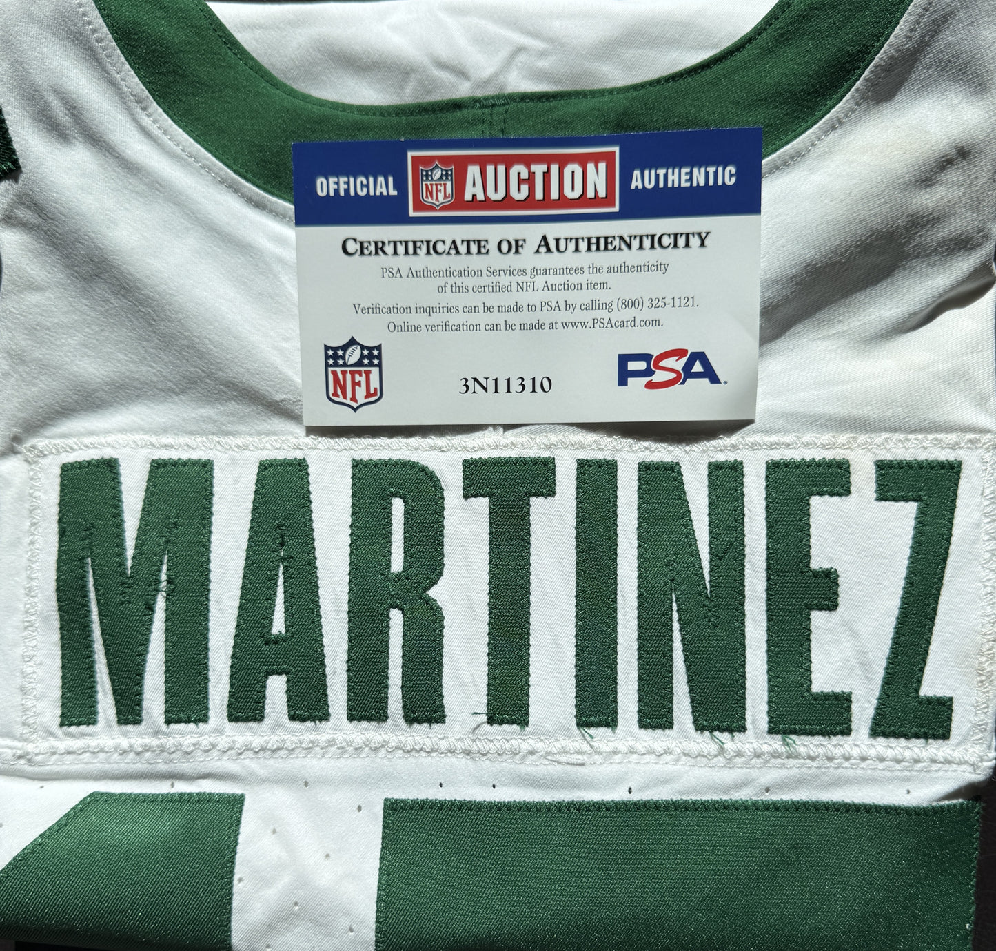 Adrian Martinez GAME WORN 💪 10/06/24 PHOTO MATCHED 📸  New York Jets Nike NFL Jersey 👕 vs. Vikings Also features official London Games patch + PSA COA🛡️