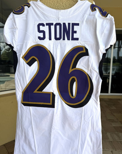 Geno Stone GAME WORN💪(10/15/2023) On-Field Baltimore Ravens💜NFL Jersey 🌍vs. the Titans