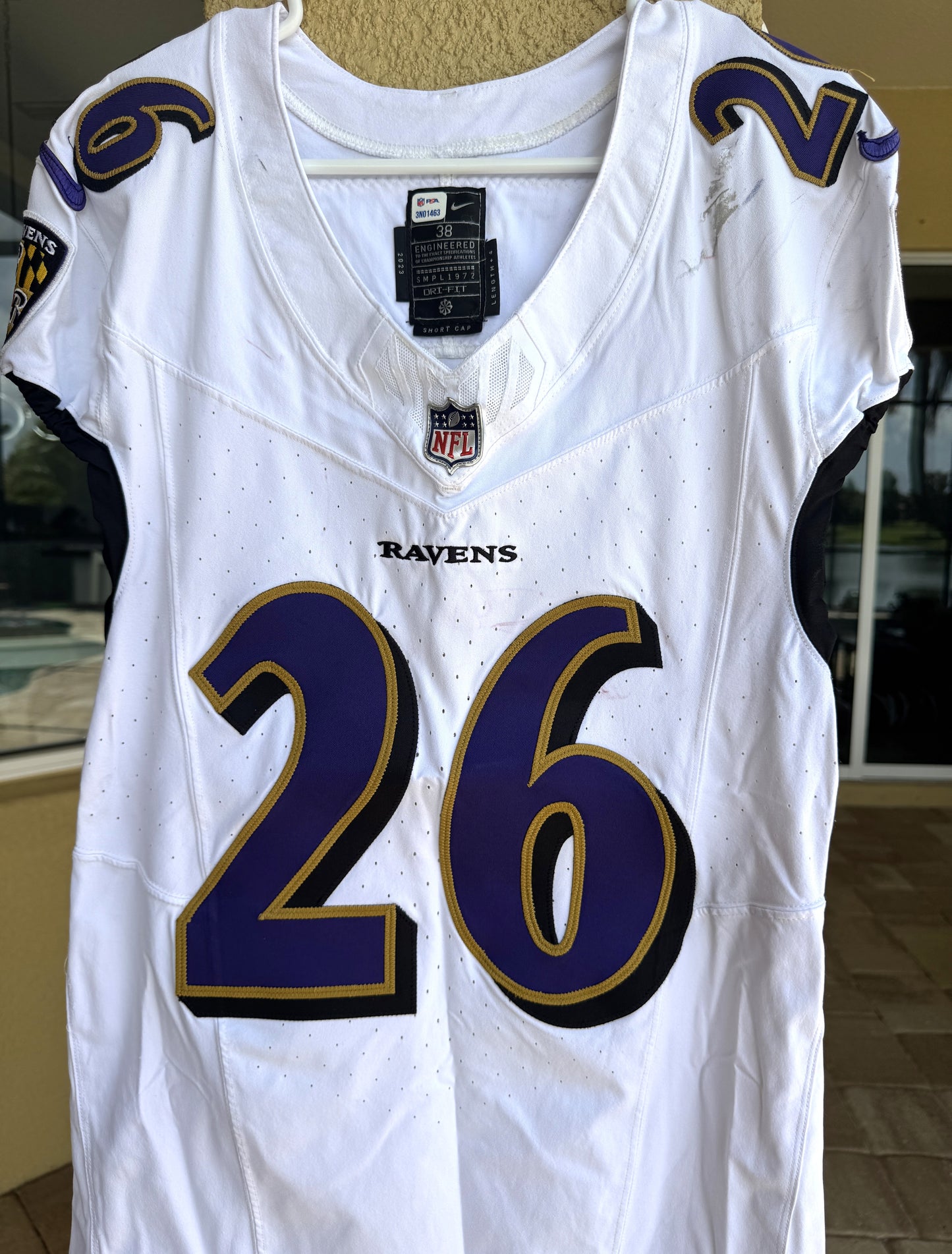 Geno Stone GAME WORN💪(10/15/2023) On-Field Baltimore Ravens💜NFL Jersey 🌍vs. the Titans