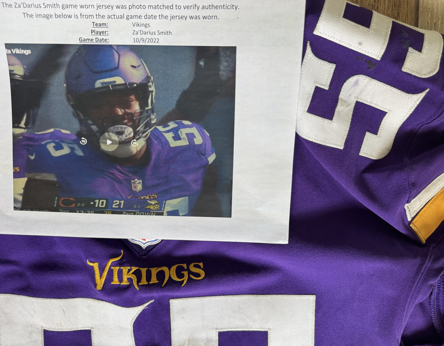 Za'Darius Smith GAME USED 10/09/22 PHOTO MATCHED 📸 Minnesota Vikings Nike NFL Jersey 👕 vs. Chicago Bears 🐻 PSA Authenticated 🛡️