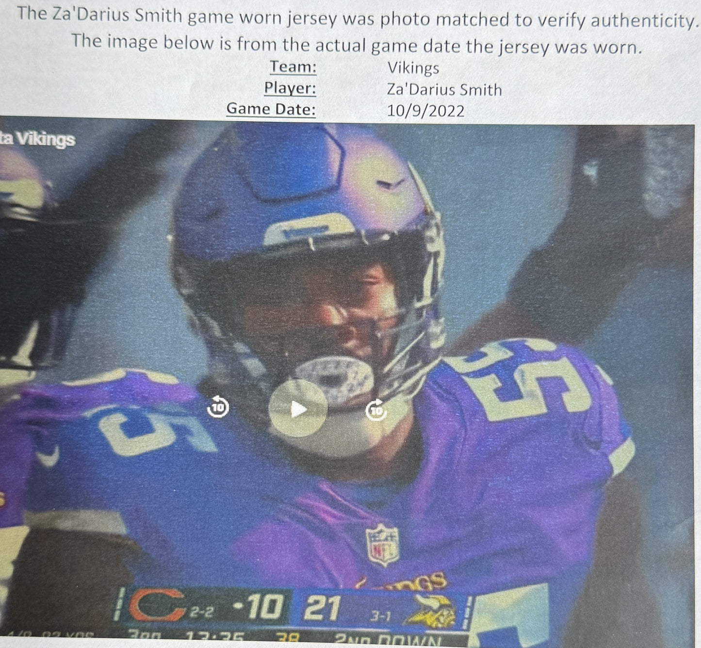 Za'Darius Smith GAME USED 10/09/22 PHOTO MATCHED 📸 Minnesota Vikings Nike NFL Jersey 👕 vs. Chicago Bears 🐻 PSA Authenticated 🛡️