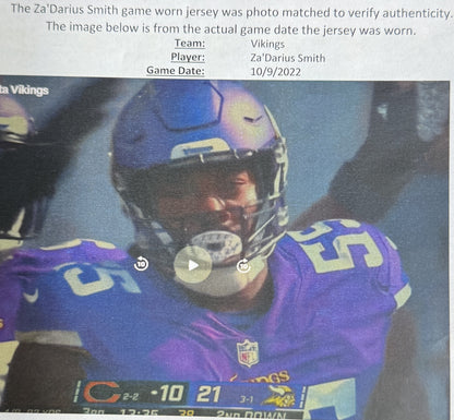 Za'Darius Smith GAME USED 10/09/22 PHOTO MATCHED 📸 Minnesota Vikings Nike NFL Jersey 👕 vs. Chicago Bears 🐻 PSA Authenticated 🛡️