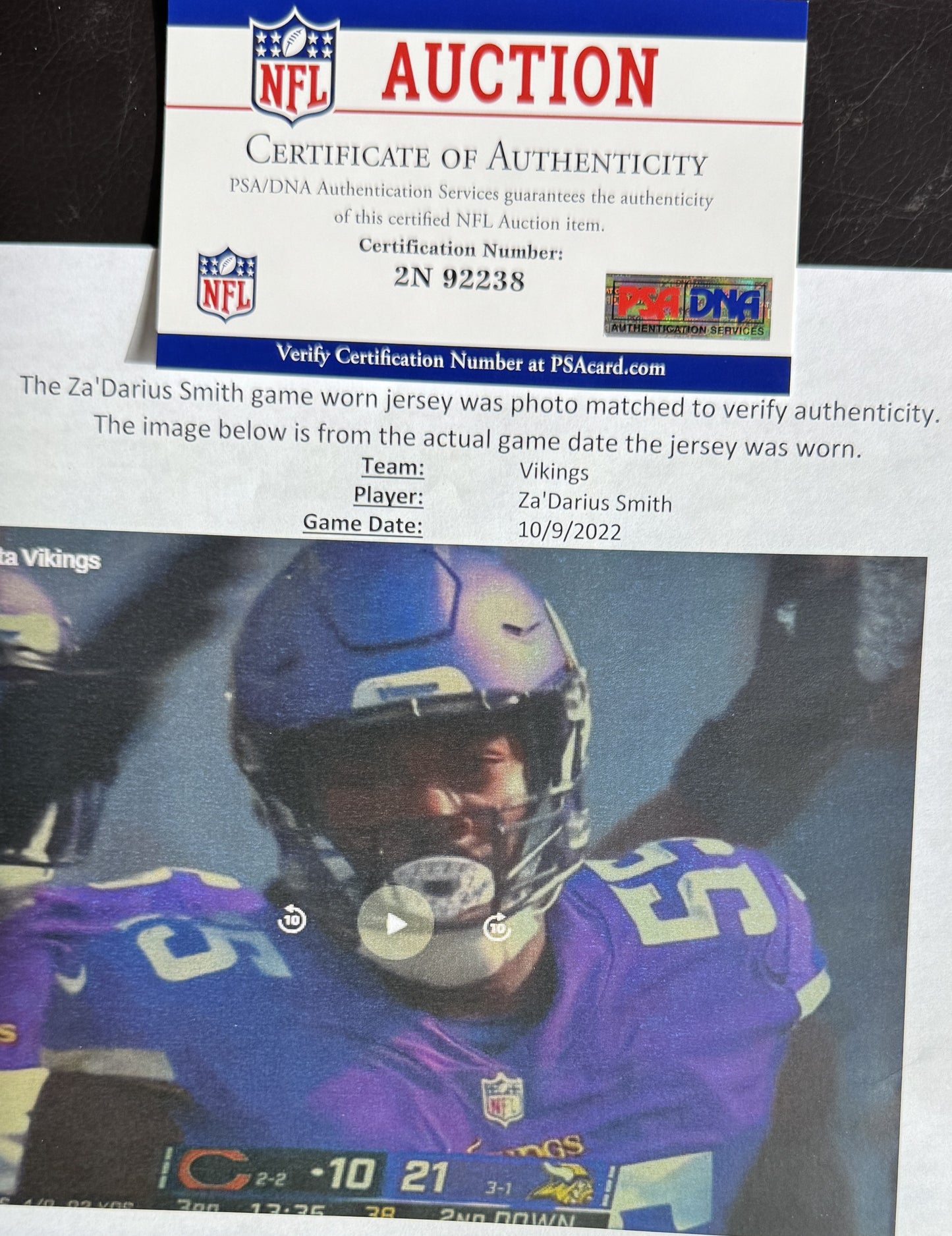 Za'Darius Smith GAME USED 10/09/22 PHOTO MATCHED 📸 Minnesota Vikings Nike NFL Jersey 👕 vs. Chicago Bears 🐻 PSA Authenticated 🛡️