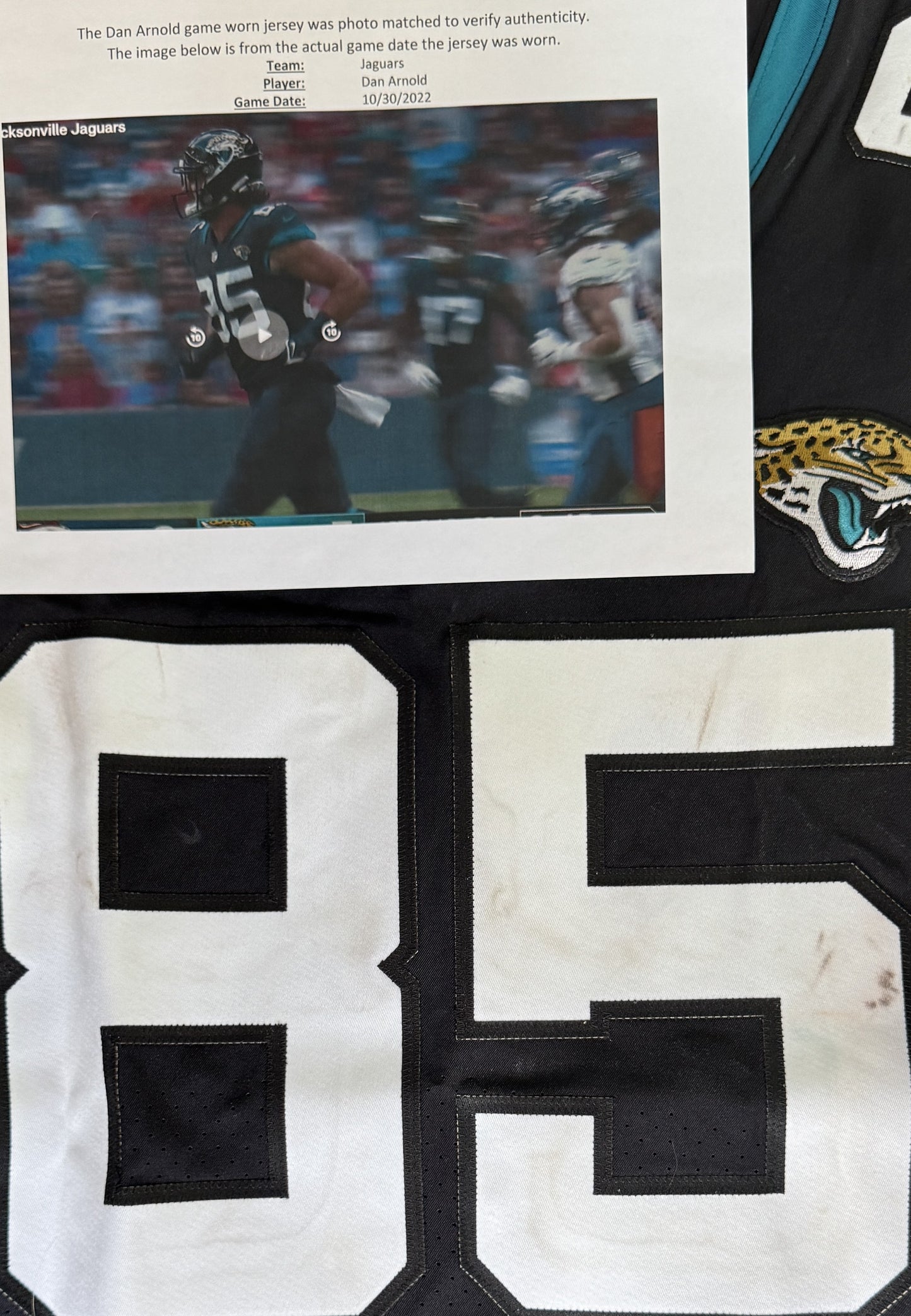 Dan Arnold GAME USED 💪 10/30/22 PHOTO MATCHED 📸 Jacksonville Jaguars 🐆 Nike NFL Jersey vs. Denver Broncos