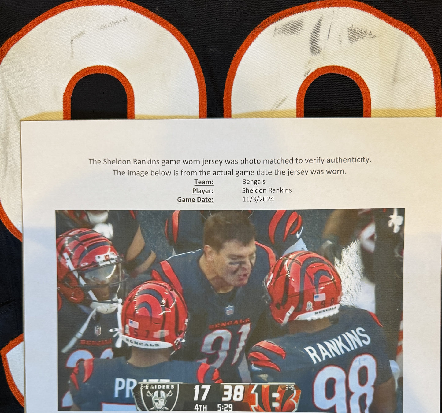 Sheldon Rankins GAME WORN 11/03/24💪PHOTO MATCHED📸Cincinnati Bengals NFL Jersey vs. Las Vegas Raiders Inc. PSA COA