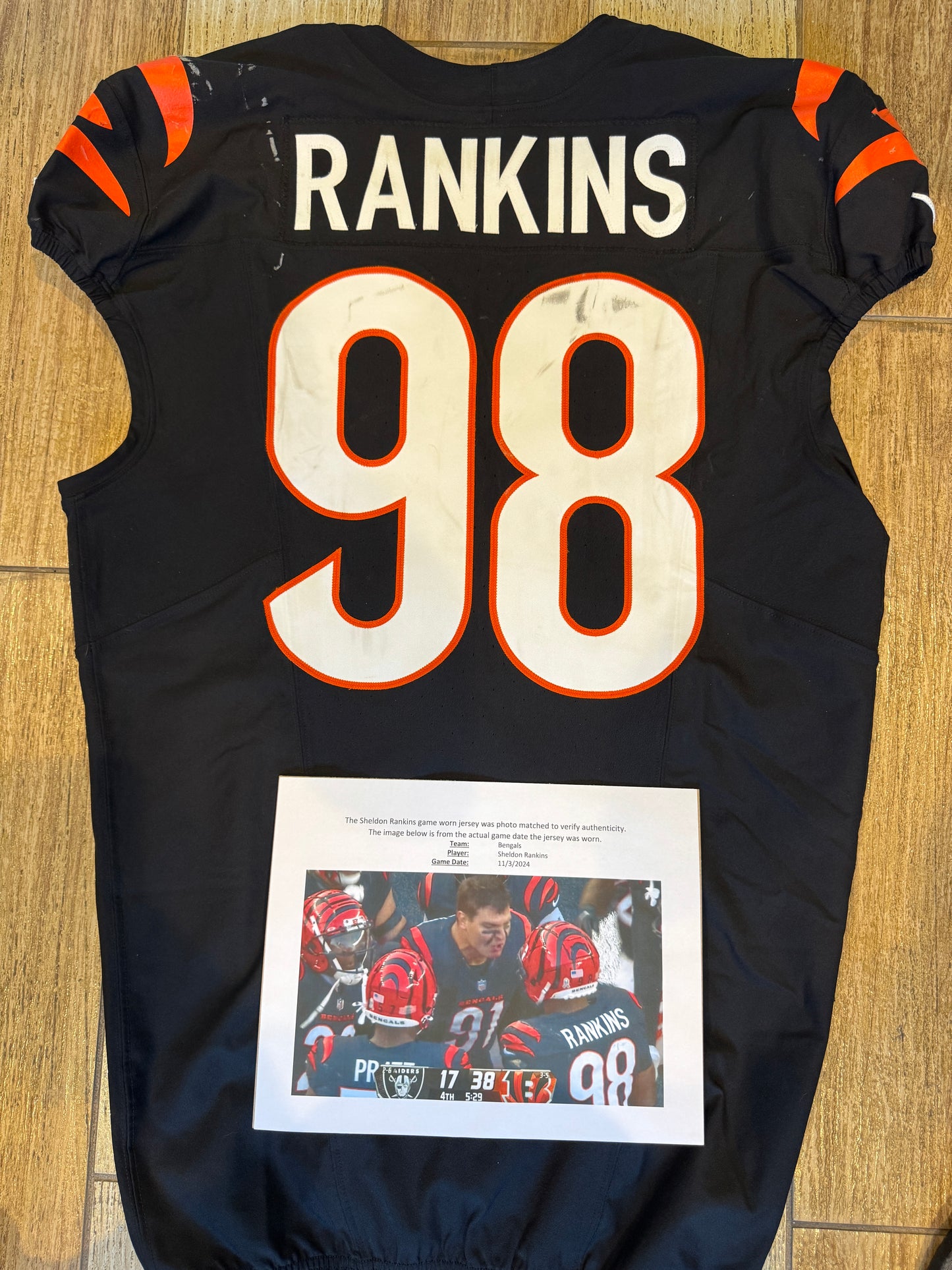 Sheldon Rankins GAME WORN 11/03/24💪PHOTO MATCHED📸Cincinnati Bengals NFL Jersey vs. Las Vegas Raiders Inc. PSA COA