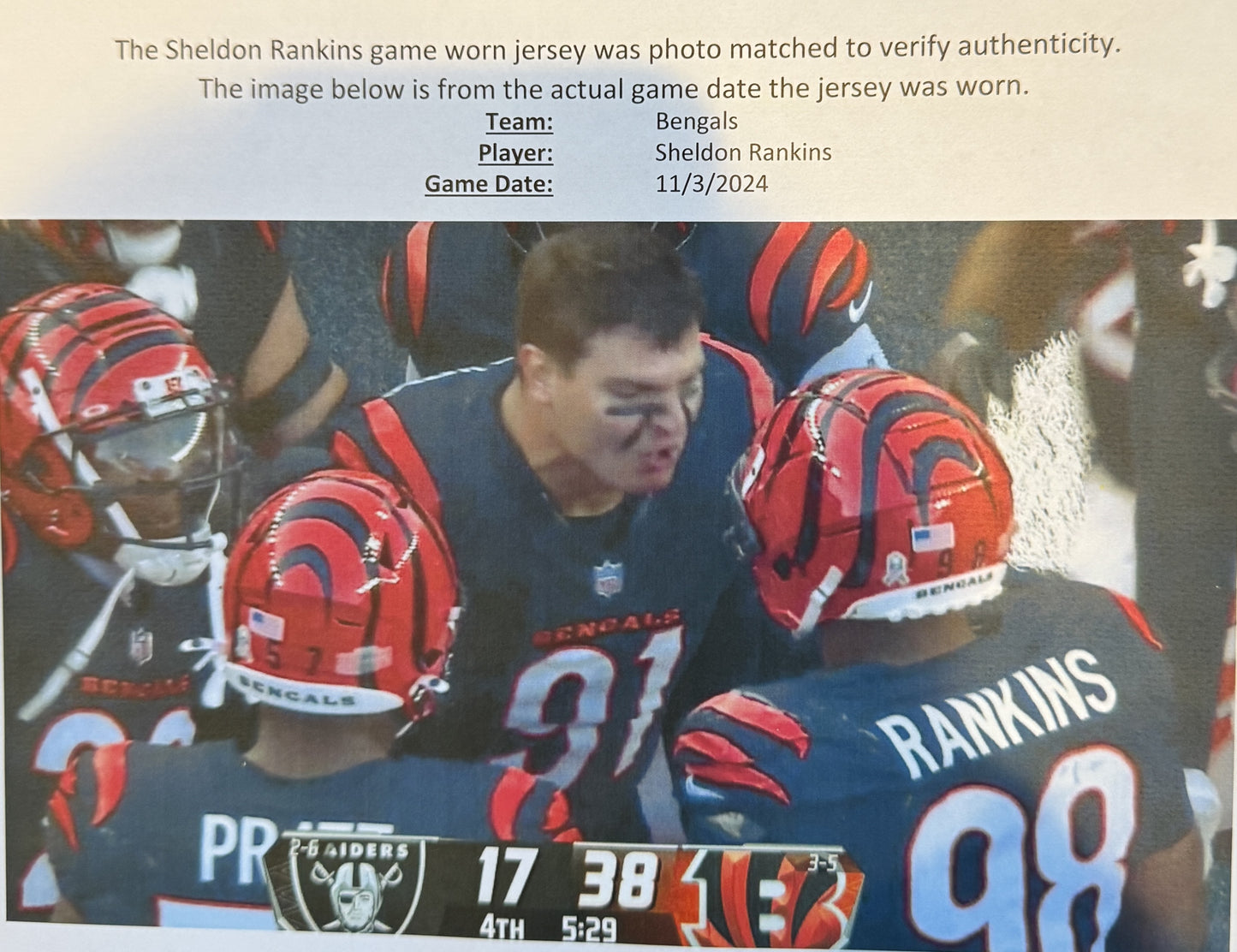 Sheldon Rankins GAME WORN 11/03/24💪PHOTO MATCHED📸Cincinnati Bengals NFL Jersey vs. Las Vegas Raiders Inc. PSA COA