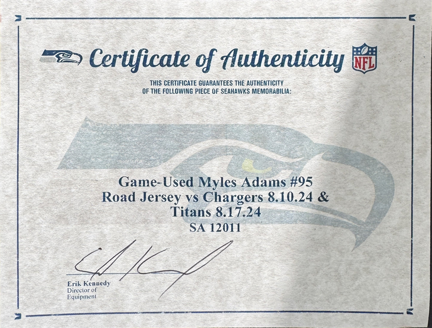 Myles Adams GAME-WORN💪Seattle Seahawks NFL Jersey👕 08/10/24 vs. Los Angeles Chargers and 08/17/24 vs. Tennessee Titans