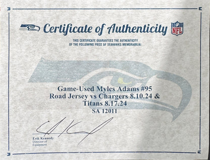 Myles Adams GAME-WORN💪Seattle Seahawks NFL Jersey👕 08/10/24 vs. Los Angeles Chargers and 08/17/24 vs. Tennessee Titans