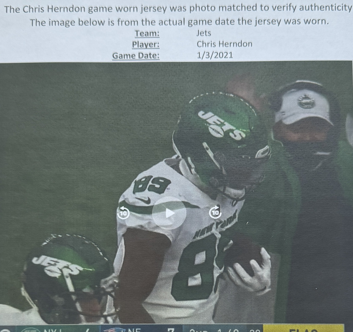 Chris Herndon GAME USED 💪 01/13/2021 PHOTO MATCHED 📸 New York Jets Nike NFL Jersey 👕 Also includes PSA Authenticity🛡️