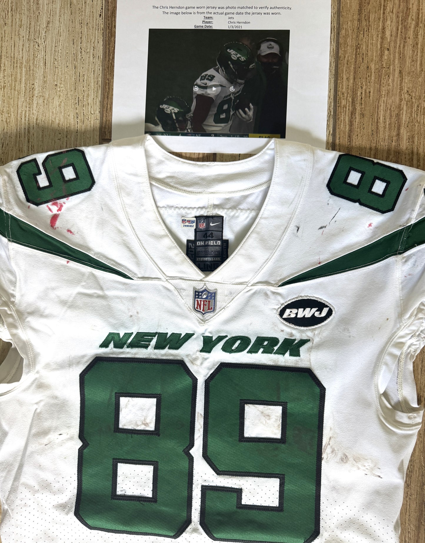 Chris Herndon GAME USED 💪 01/13/2021 PHOTO MATCHED 📸 New York Jets Nike NFL Jersey 👕 Also includes PSA Authenticity🛡️