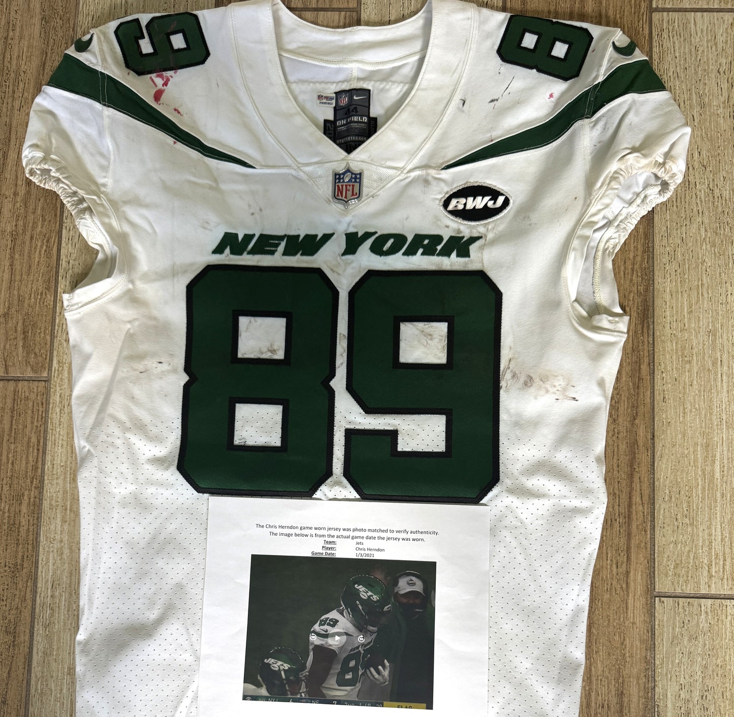 Chris Herndon GAME USED 💪 01/13/2021 PHOTO MATCHED 📸 New York Jets Nike NFL Jersey 👕 Also includes PSA Authenticity🛡️
