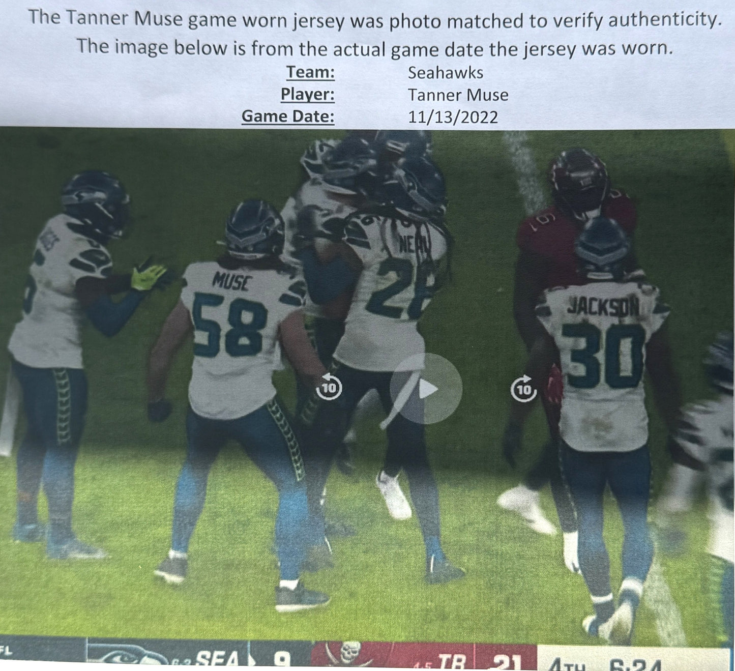 Tanner Muse GAME-WORN 💪 11/13/22 PHOTO MATCHED 📸 Seattle Seahawks NFL Jersey 👕 vs Bucs inc. PSA COA