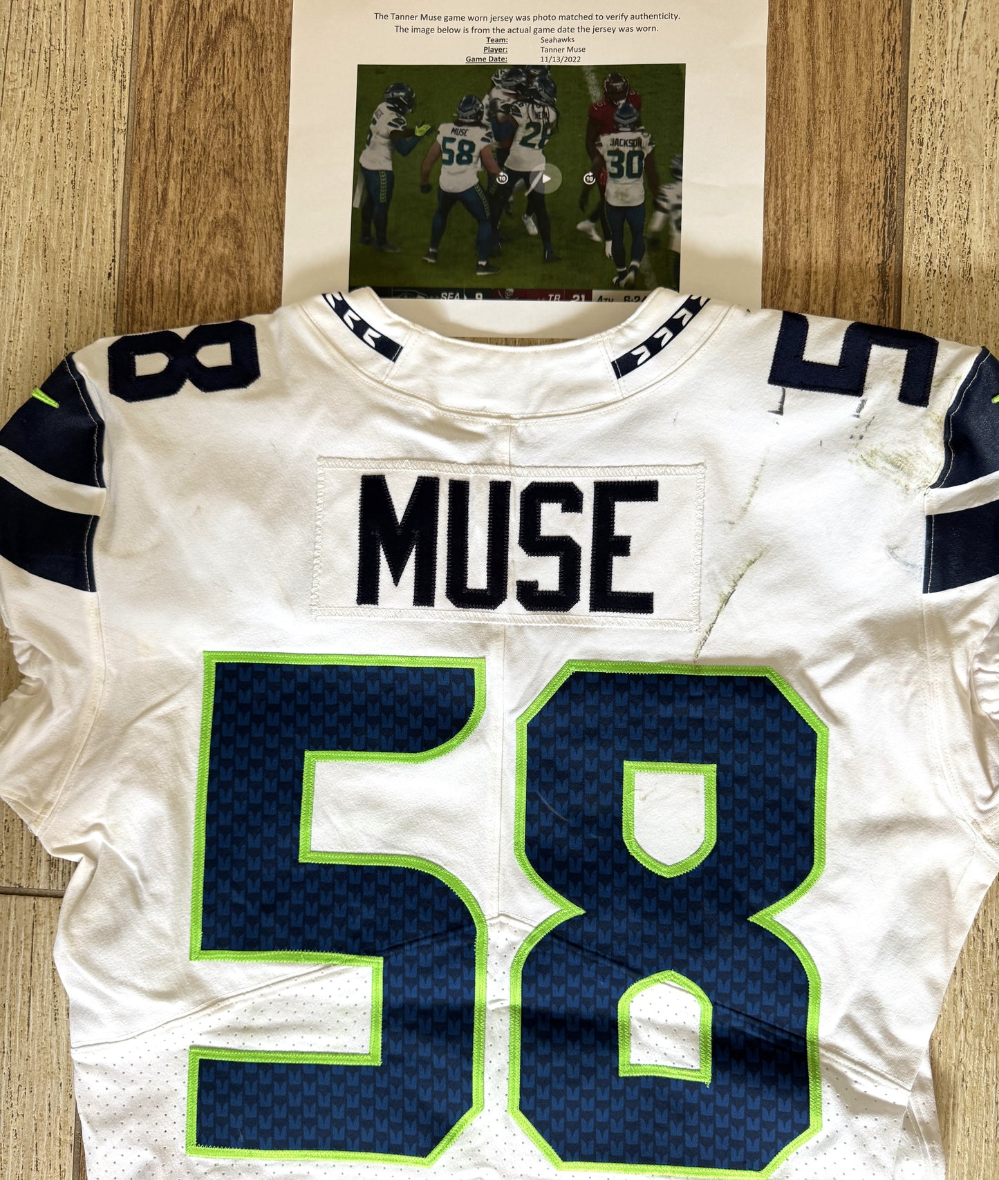 Tanner Muse GAME-WORN 💪 11/13/22 PHOTO MATCHED 📸 Seattle Seahawks NFL Jersey 👕 vs Bucs inc. PSA COA