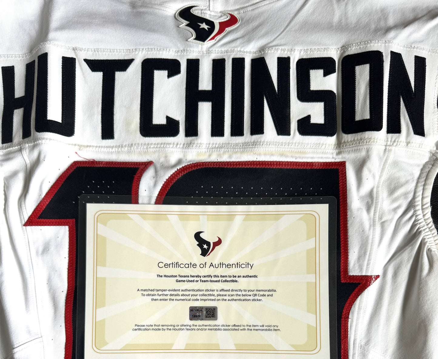 Xavier Hutchinson GAME WORN 💪 10/13/24 Houston Texans 🐂 NFL Jersey 👕 Victory over the New England Patriots inc. Metabilia COA 🛡️