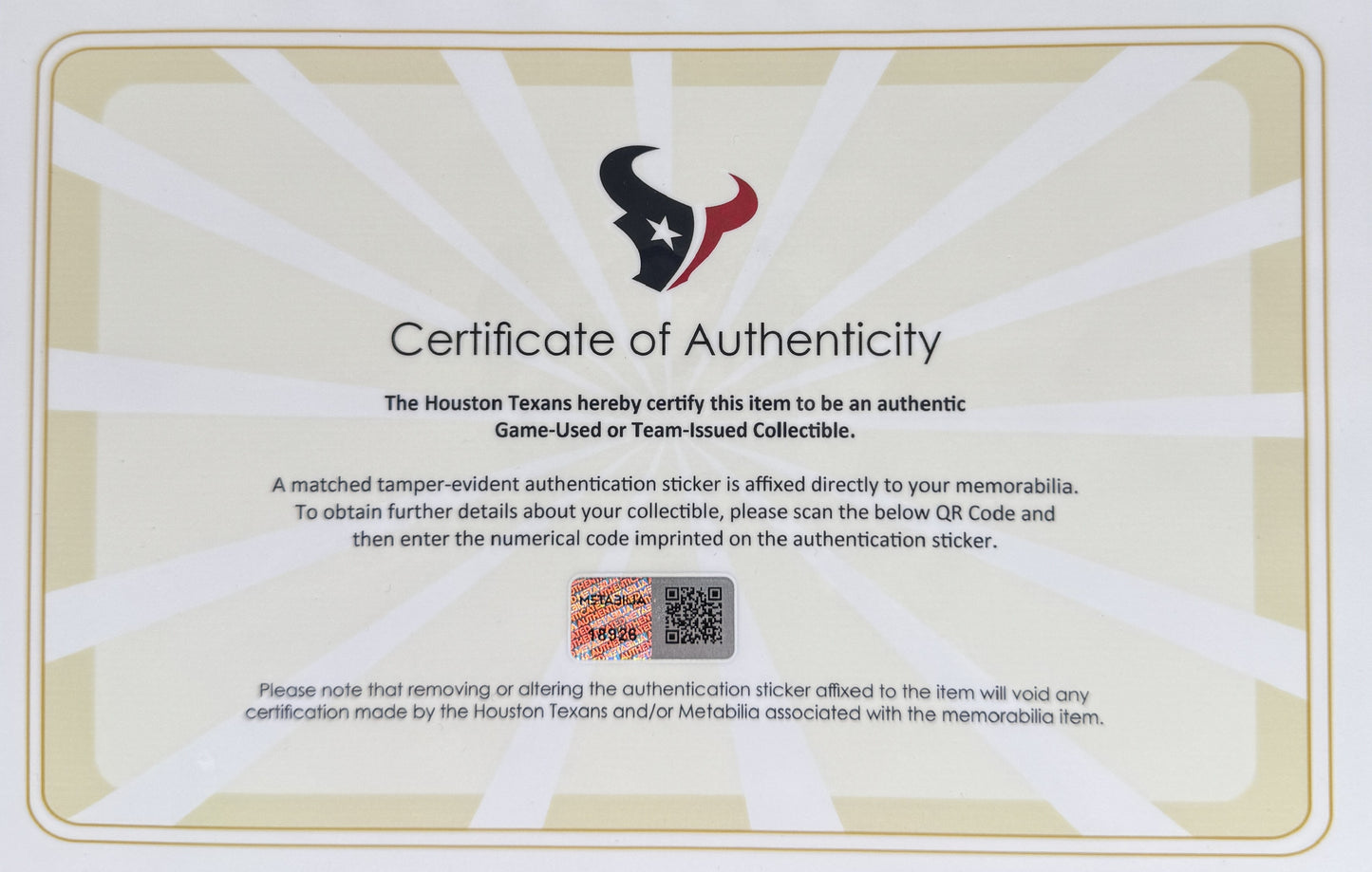 Xavier Hutchinson GAME WORN 💪 10/13/24 Houston Texans 🐂 NFL Jersey 👕 Victory over the New England Patriots inc. Metabilia COA 🛡️