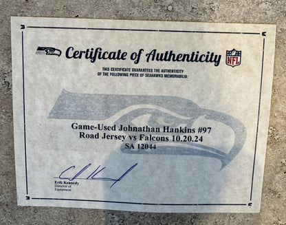 Johnathan Hankins GAME-WORN💪10/20/24 Seattle Seahawks NFL Jersey👕vs. Atlanta Falcons Inc.COA