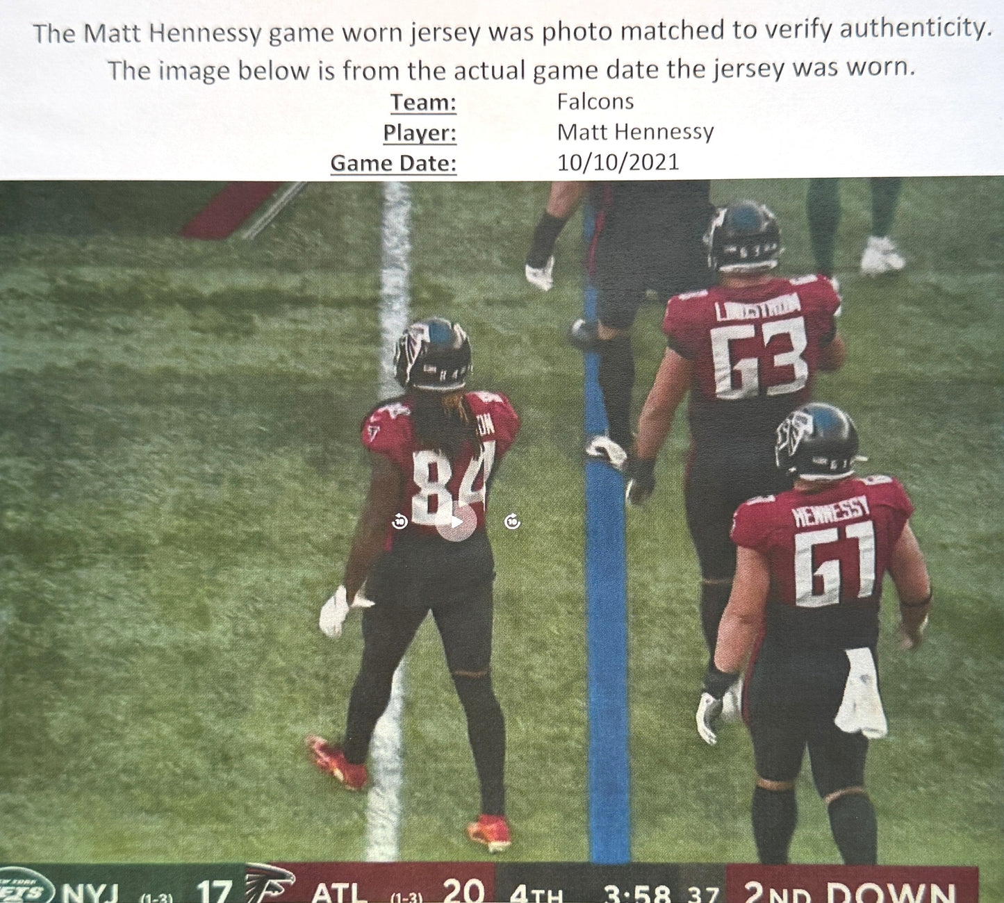 Matt Henessy GAME WORN💪10/10/21 Atlanta Falcons🦅NFL Jersey Crucial Catch💯 vs. New York Jets