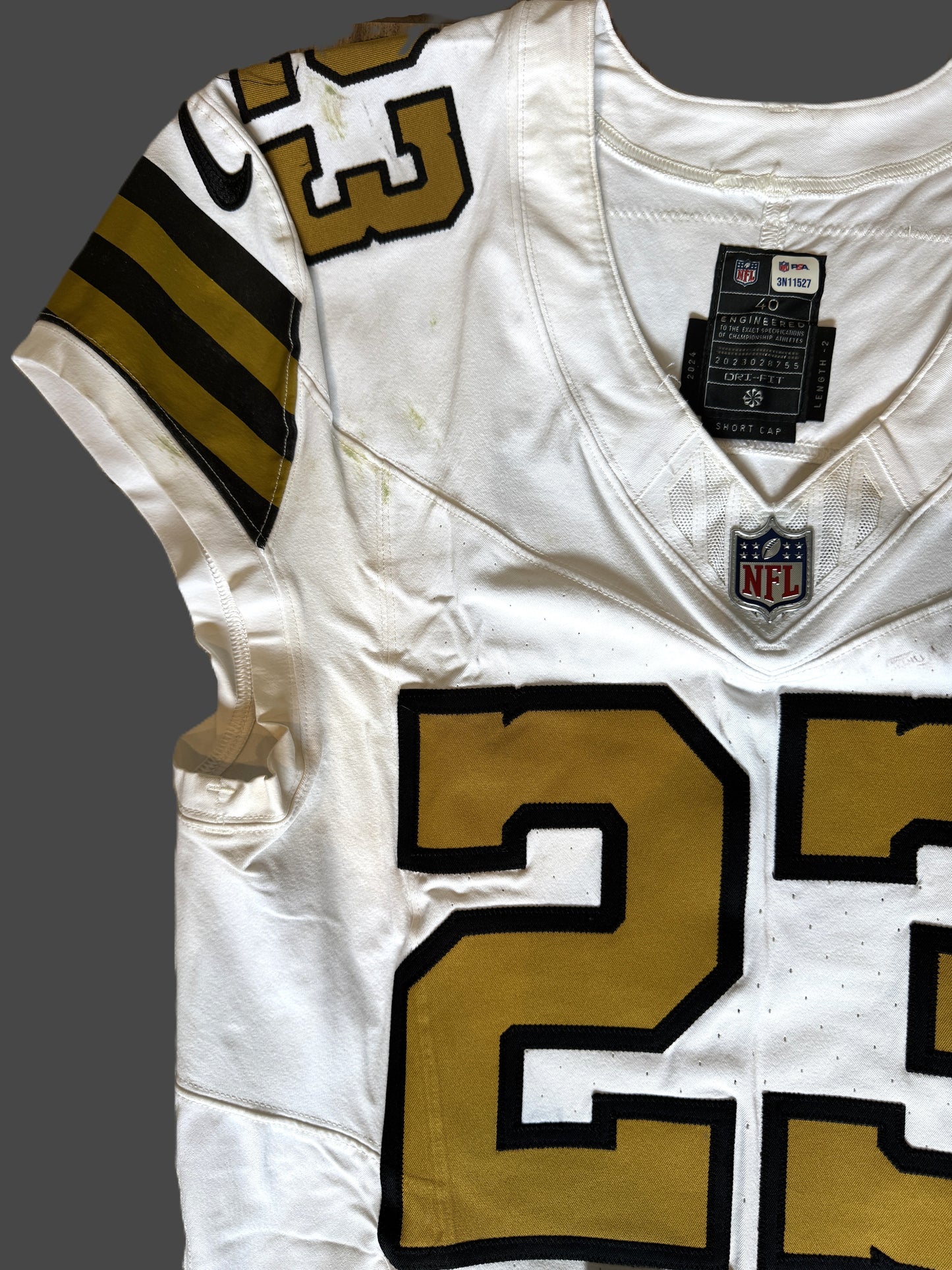 Marshon Lattimore GAME WORN 💪 10/07/24 PHOTO MATCHED 📸 New Orleans Saints ⚜️ Nike NFL Jersey🎽 vs. Kansas City Chiefs - PSA Authenticated 🛡️