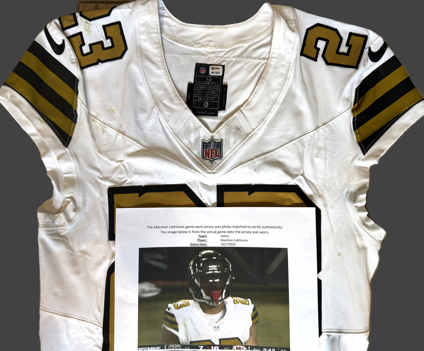 Marshon Lattimore GAME WORN 💪 10/07/24 PHOTO MATCHED 📸 New Orleans Saints ⚜️ Nike NFL Jersey🎽 vs. Kansas City Chiefs - PSA Authenticated 🛡️