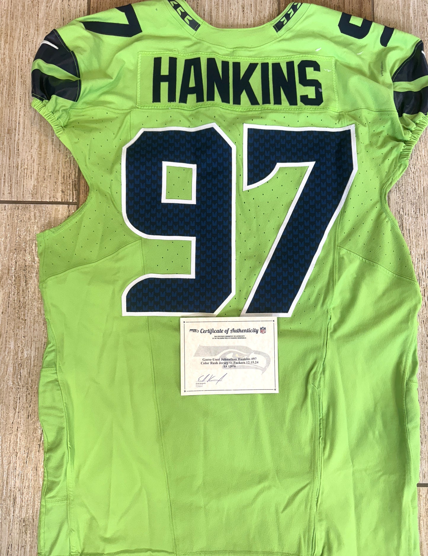 Johnathan Hankins GAME-WORN💪12/15/24 Seattle Seahawks NFL Color Rush Jersey👕vs. Green Bay Packers Inc.COA