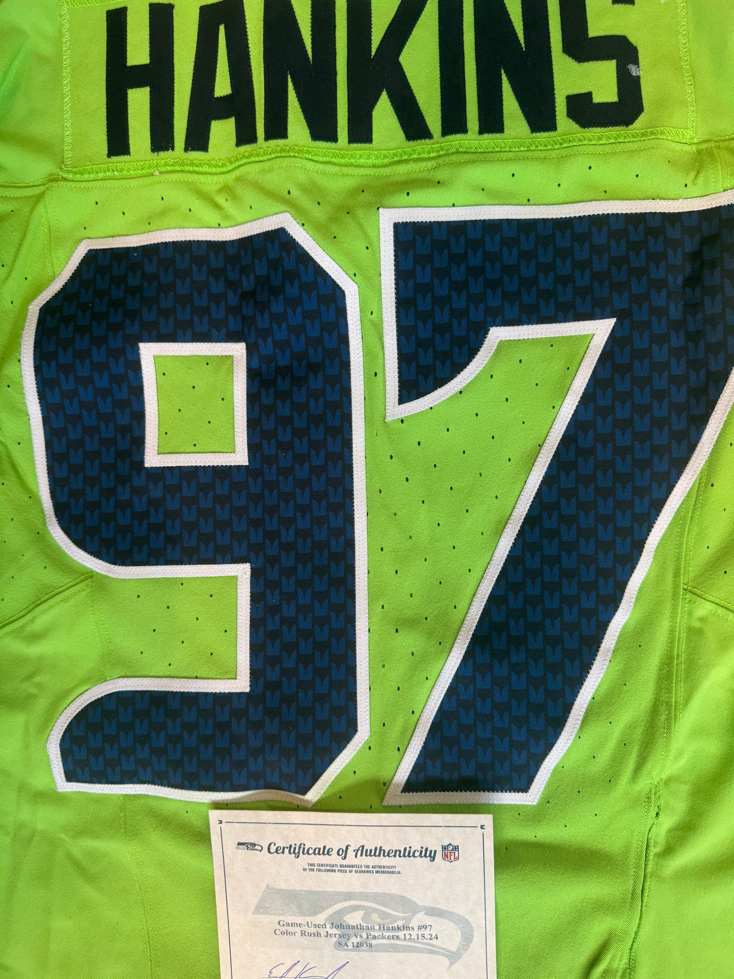 Johnathan Hankins GAME-WORN💪12/15/24 Seattle Seahawks NFL Color Rush Jersey👕vs. Green Bay Packers Inc.COA